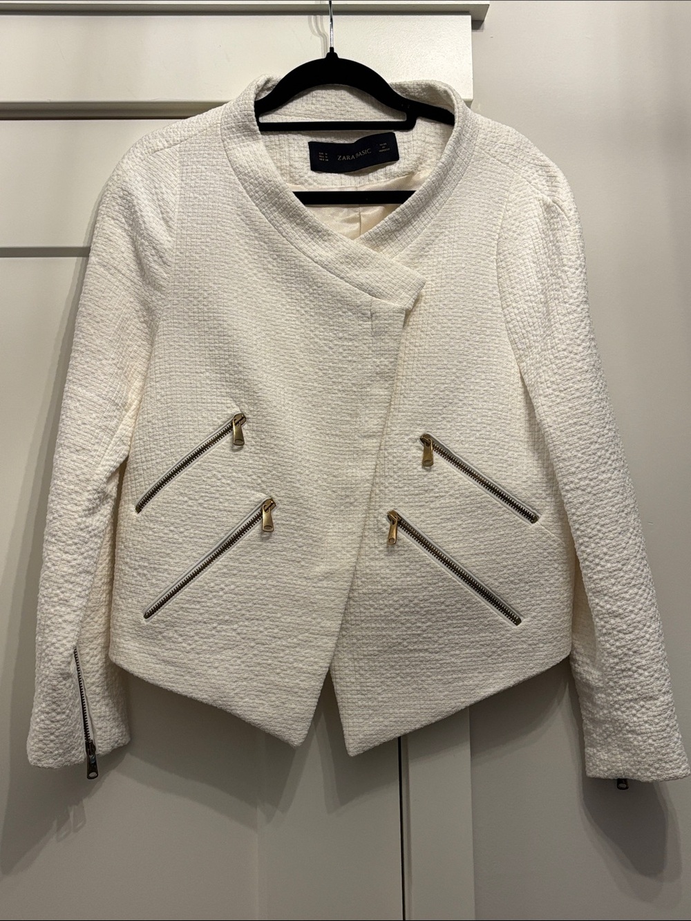 Zara Cream Textured Asymmetrical Zip Jacket